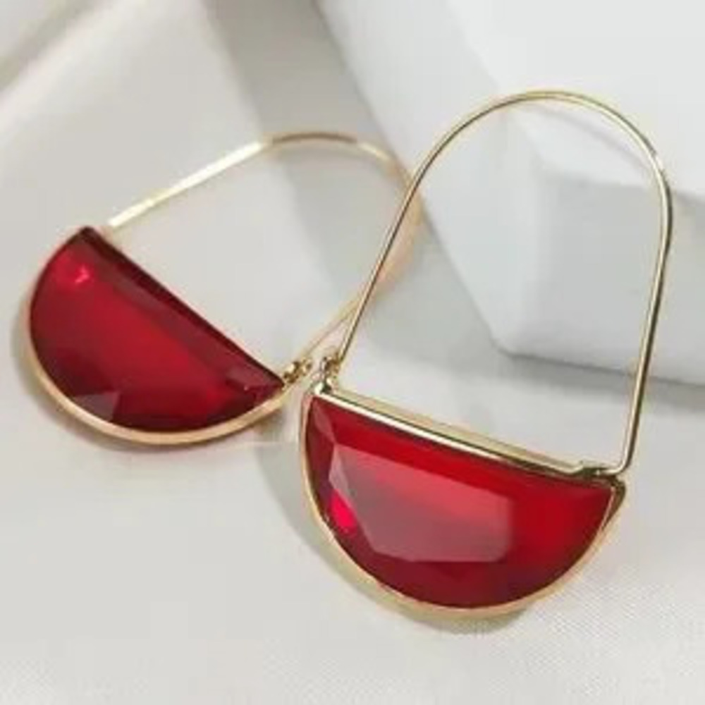 Ruby Red Glass Crescent Hoop Gold Earrings - Picture 2 of 6